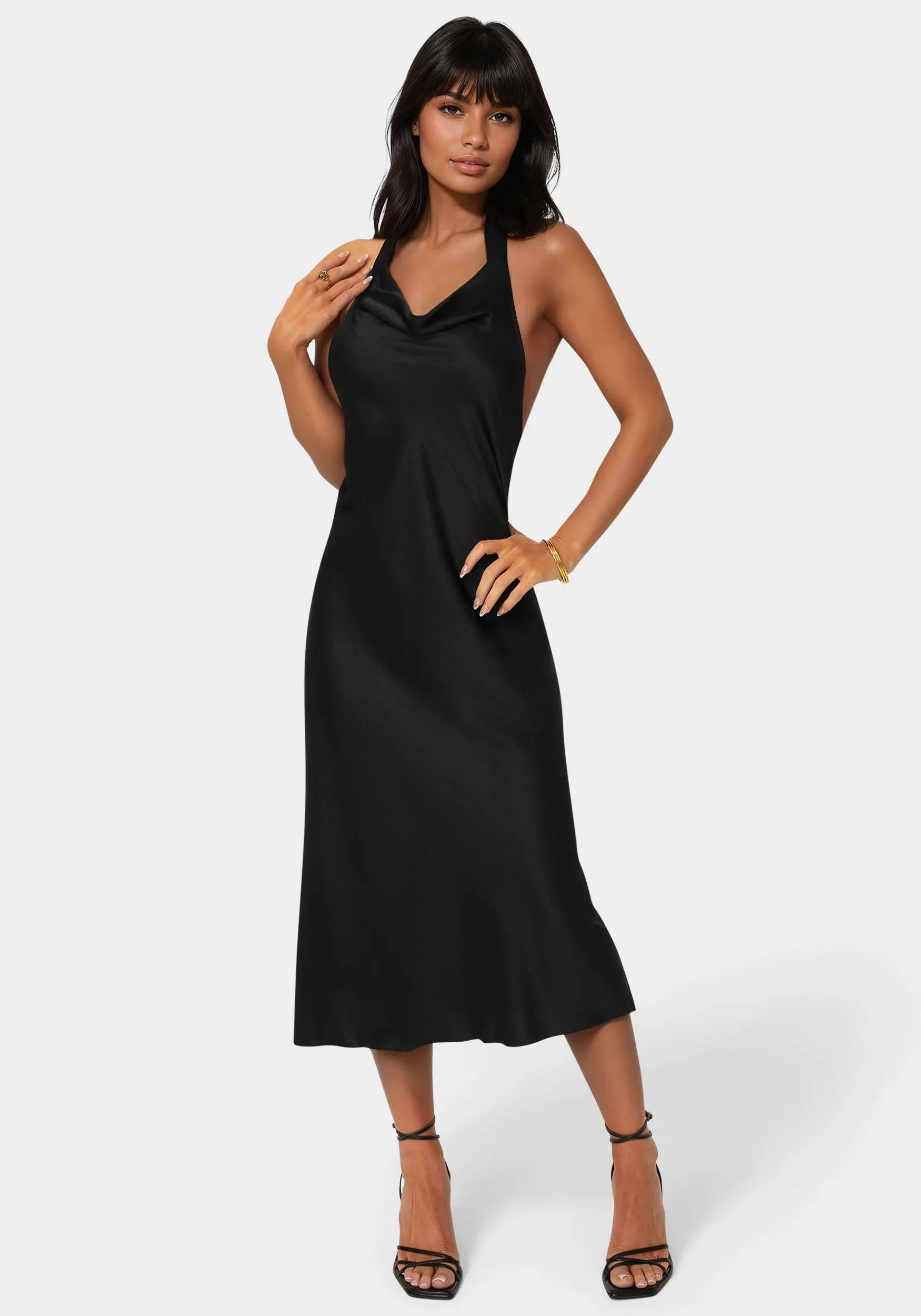 Satin Halter Front Cowl Neck Midi Dress sold by Bebe
