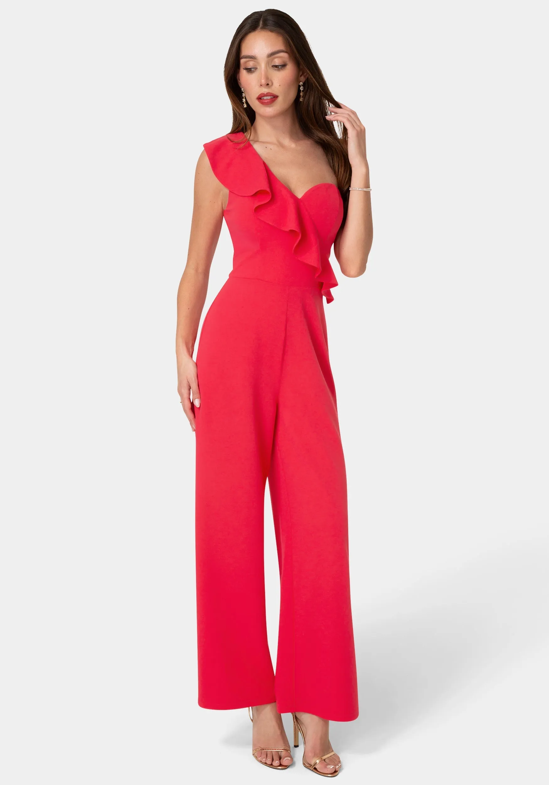 One Shoulder Ruffle Jumpsuit sold by Bebe