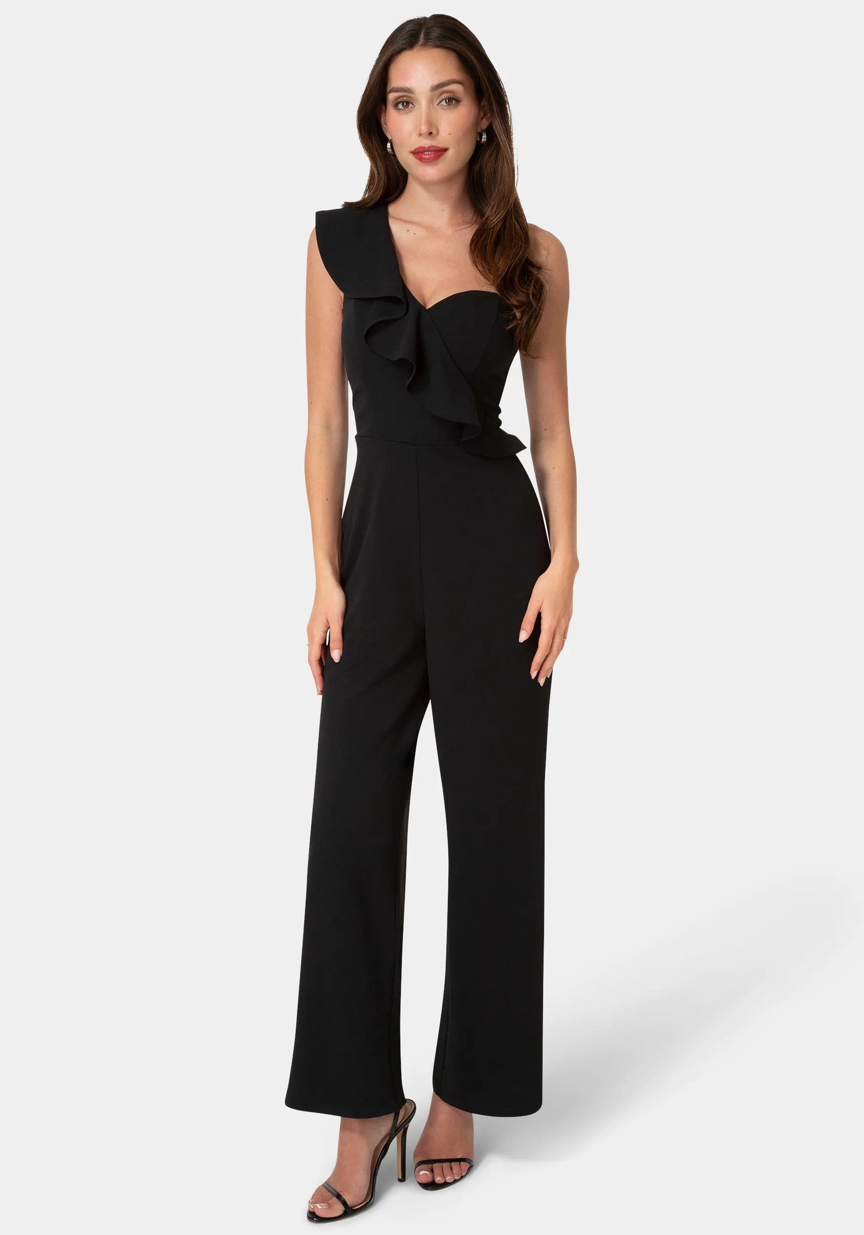One Shoulder Ruffle Jumpsuit sold by Bebe