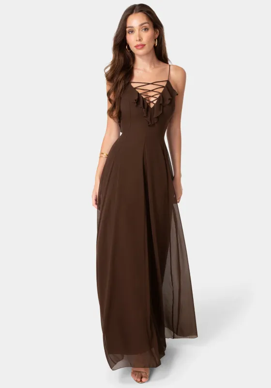 Lace Up Ruffle Chiffon Maxi Dress made by Jump