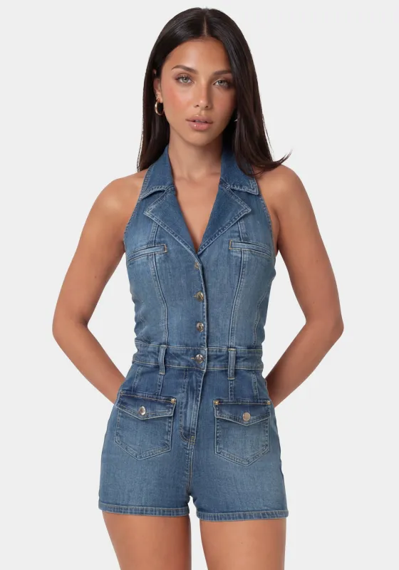 Fitted Halter Denim Romper made by TC