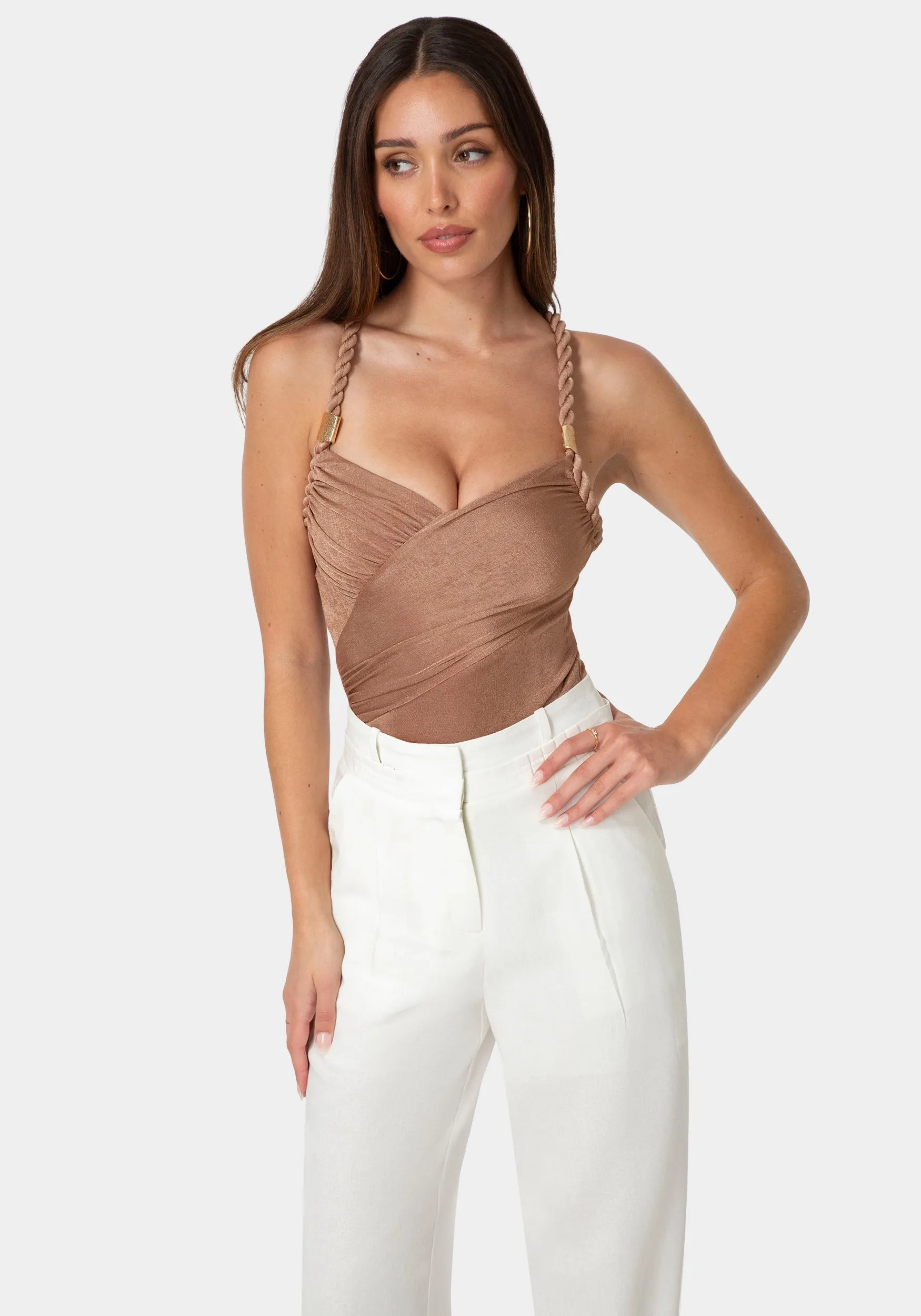Twisted Strap Draped Bodysuit sold by Bebe