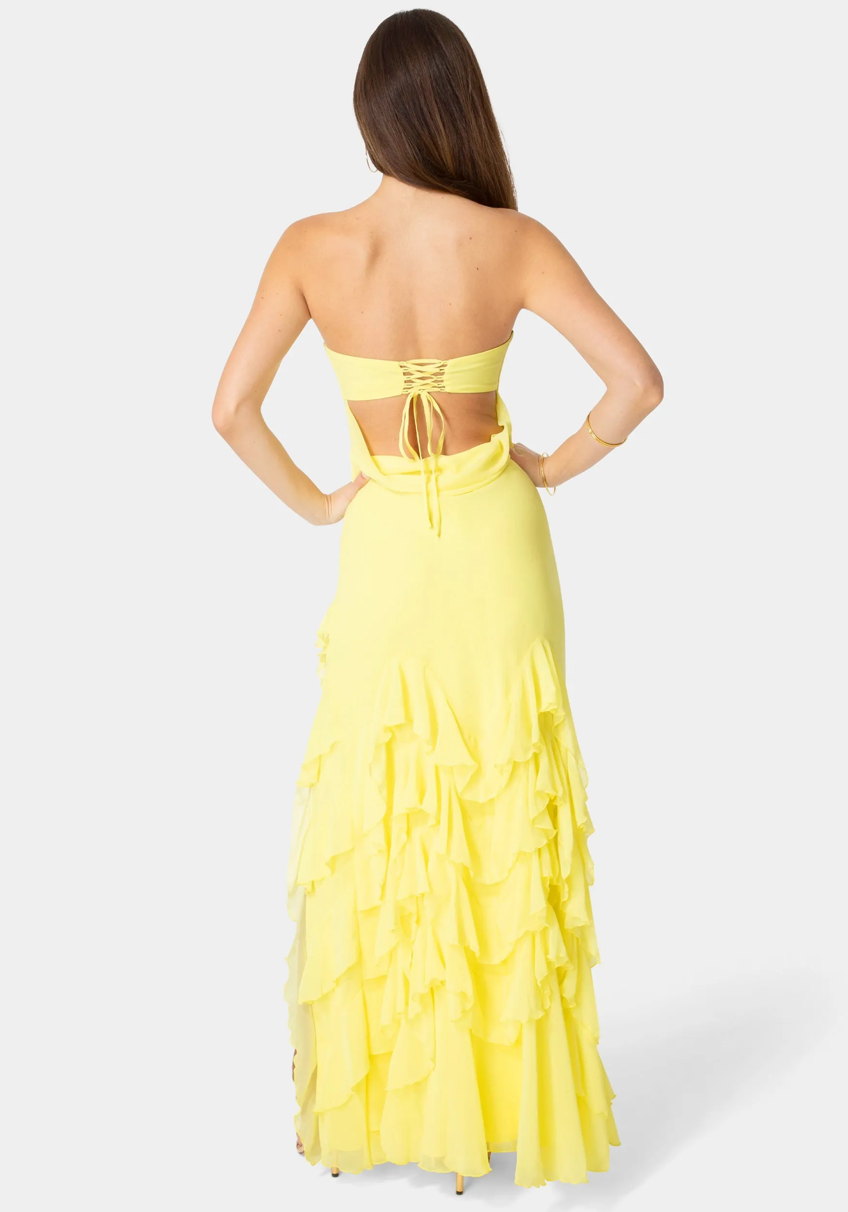 Strapless Cascade Ruffle Chiffon Maxi Dress sold by Bebe product image thumbnail 3
