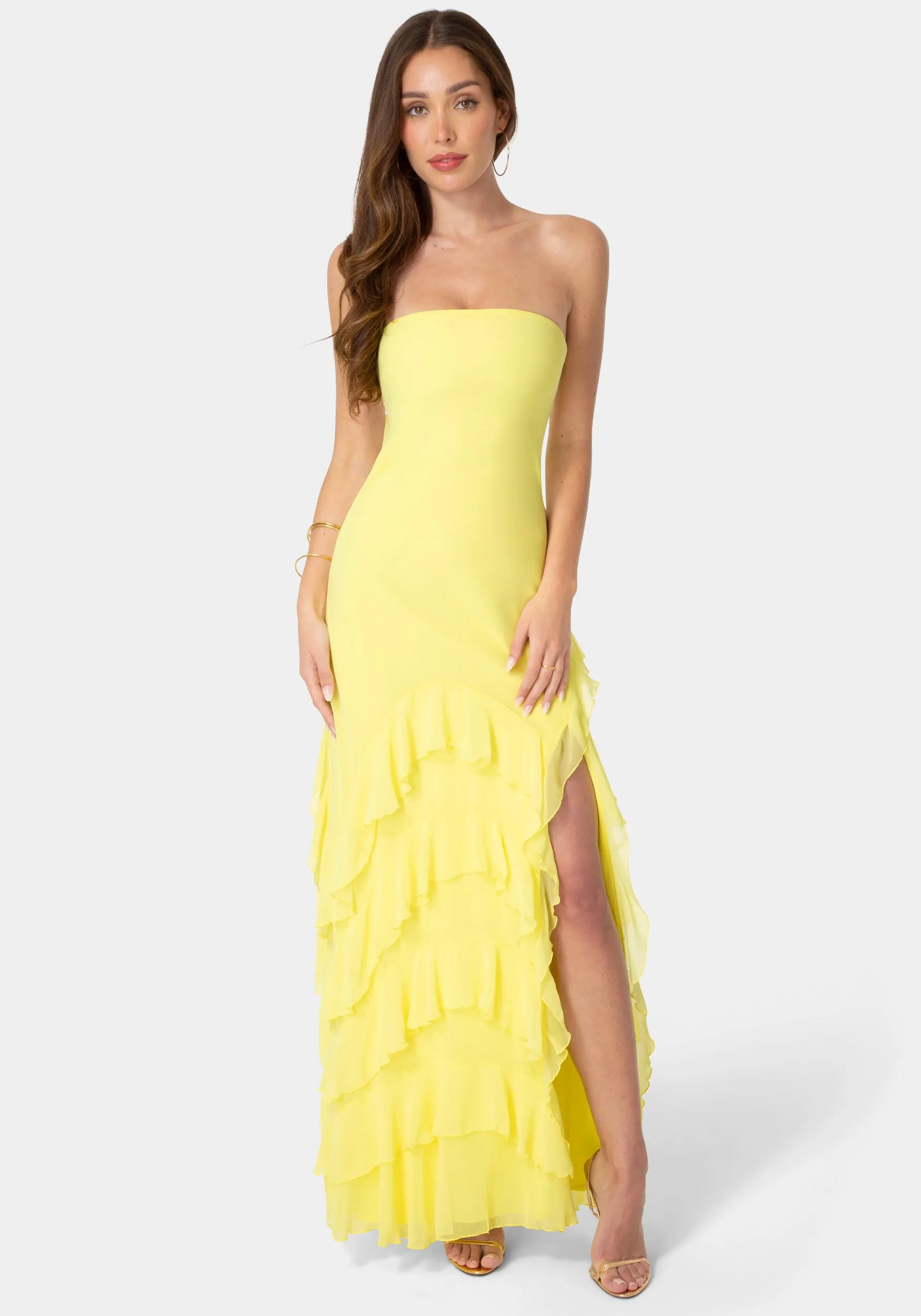 Strapless Cascade Ruffle Chiffon Maxi Dress sold by Bebe