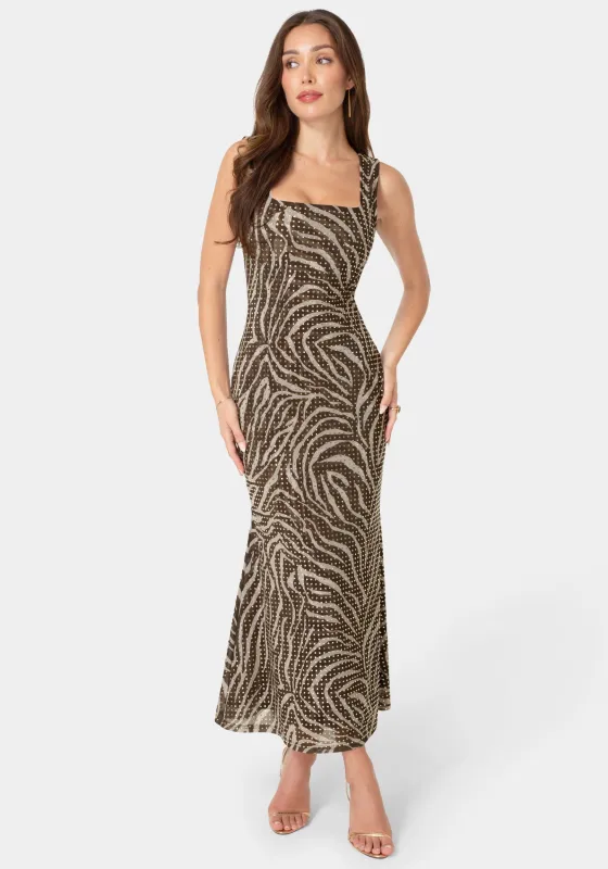 Square Neck Hotfix Mesh Maxi Dress made by Jump