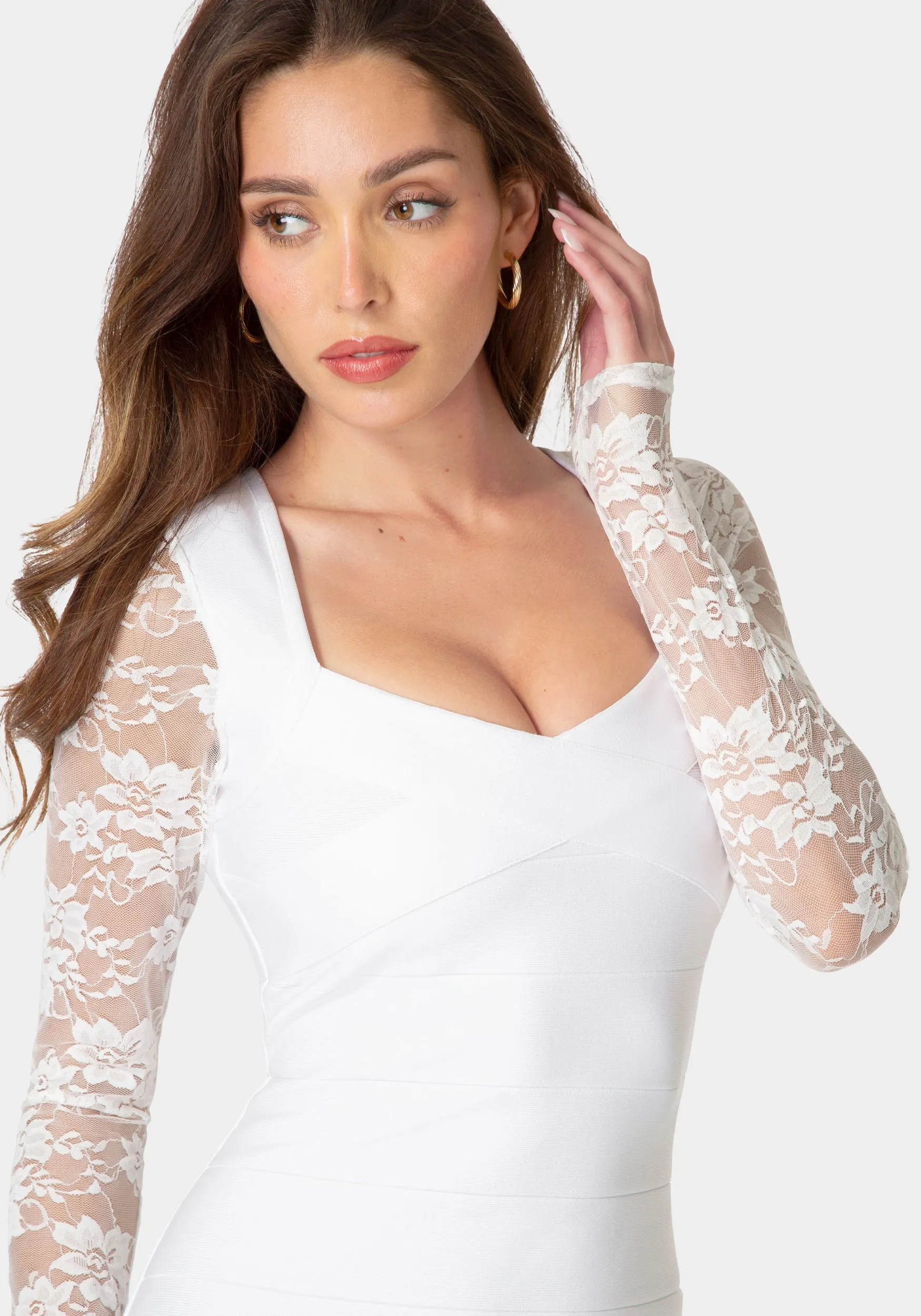 Long Sleeve Lace & Bandage Dress sold by Bebe product image thumbnail 4