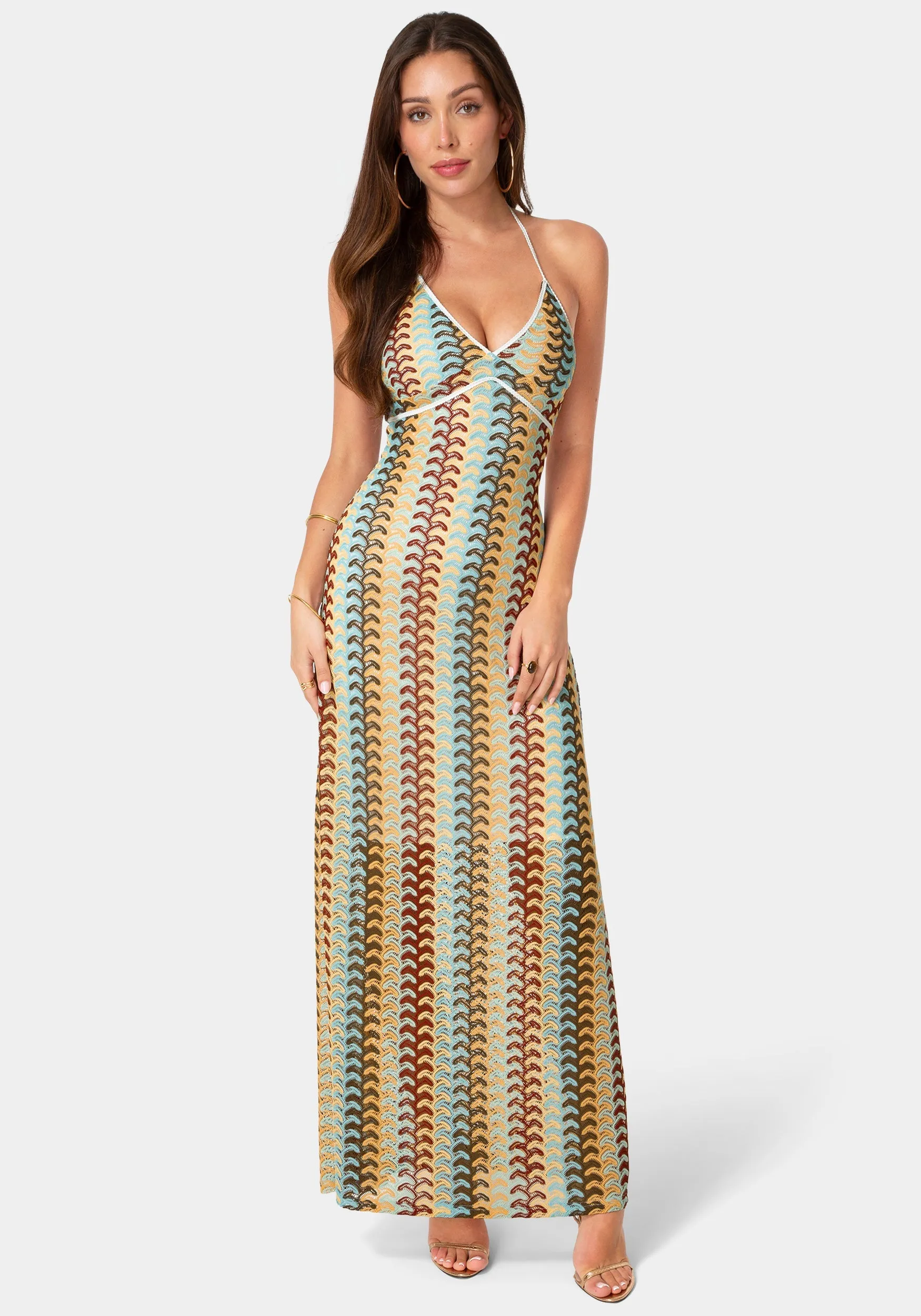 Crochet Stripe Halter A-Line Maxi Dress sold by Bebe