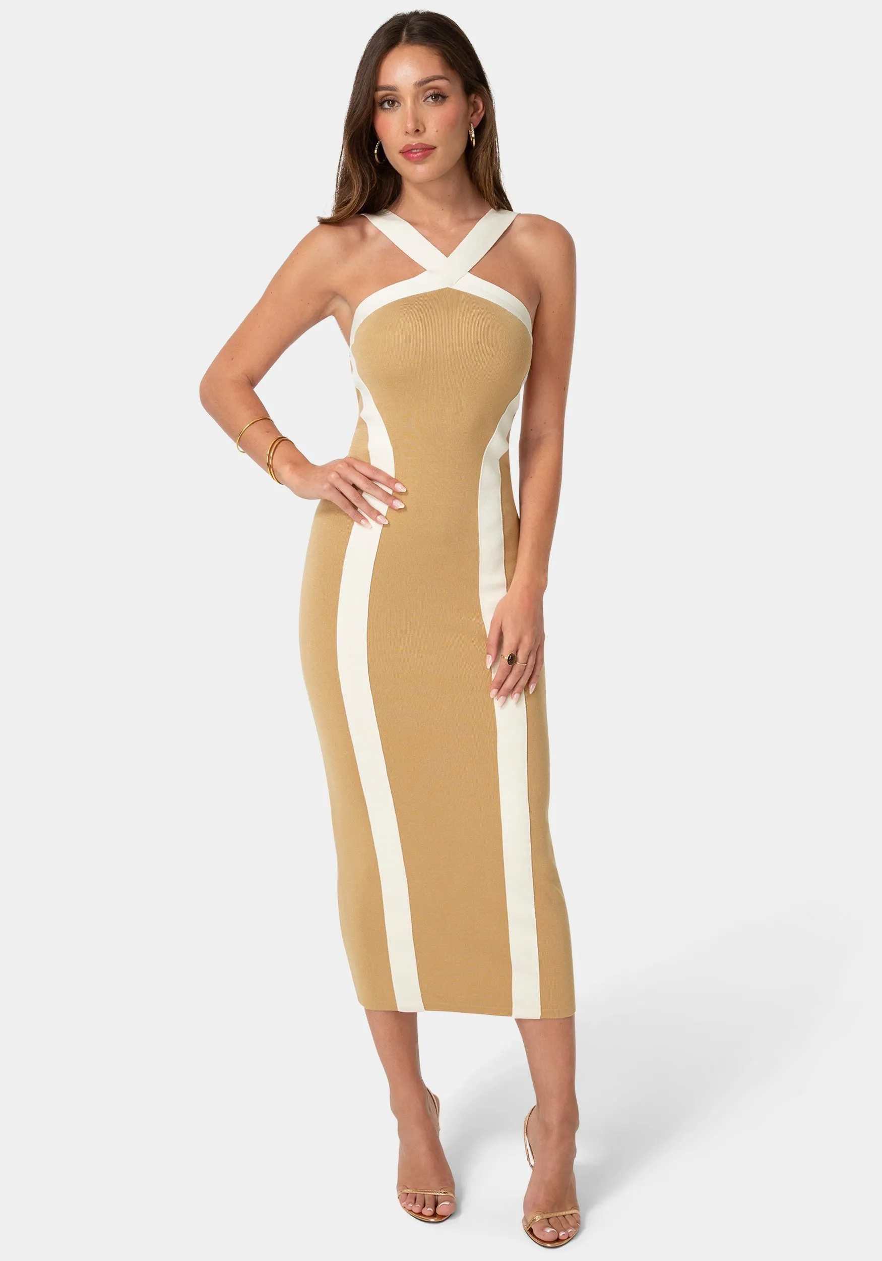 Sweater Contrast Halter Maxi Dress sold by Bebe