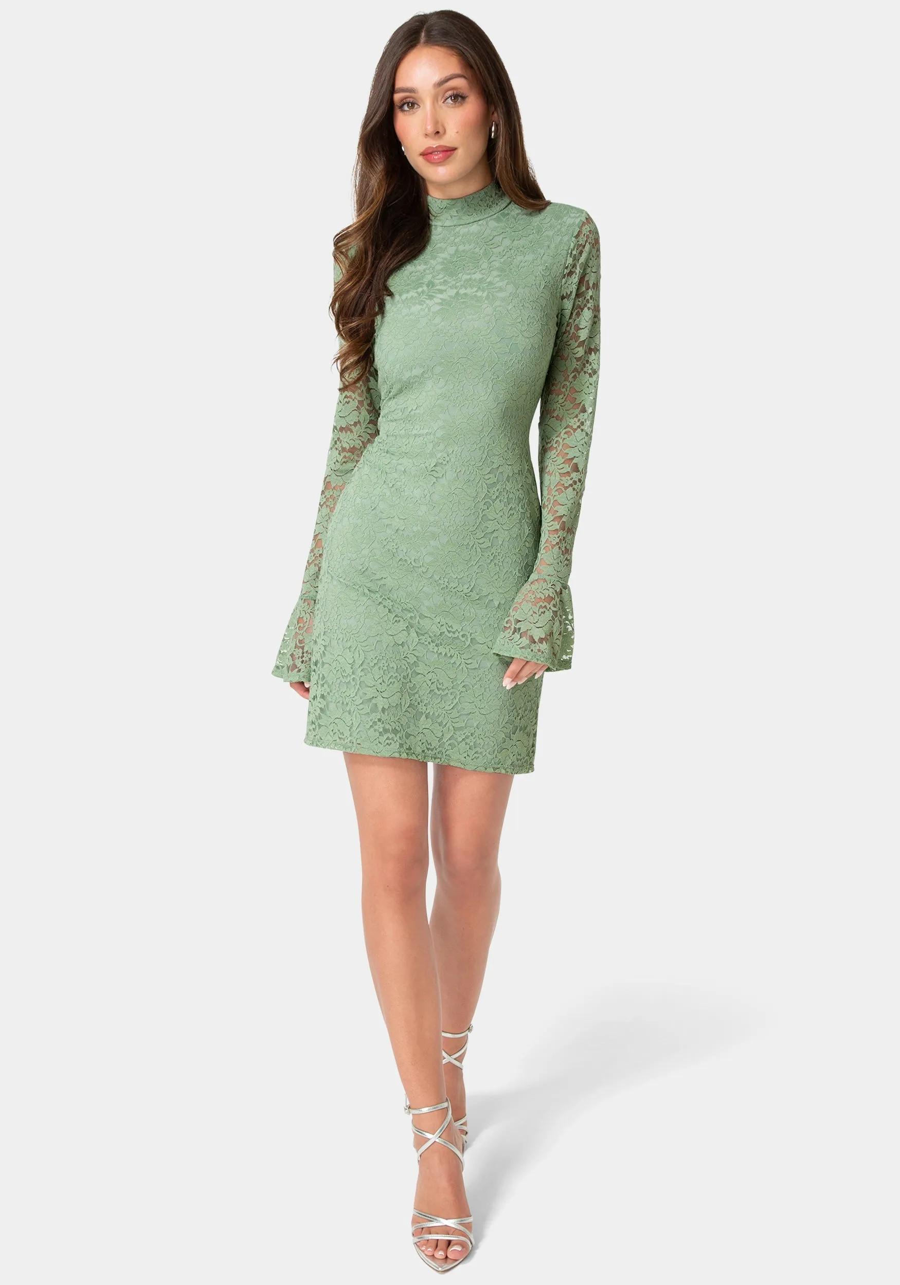 Lace Bell Sleeve Slim Dress sold by Bebe