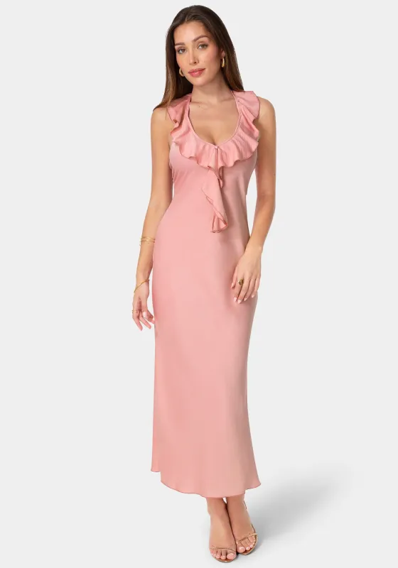 Crushed Satin Ruffle Halter Maxi Dress made by Jump