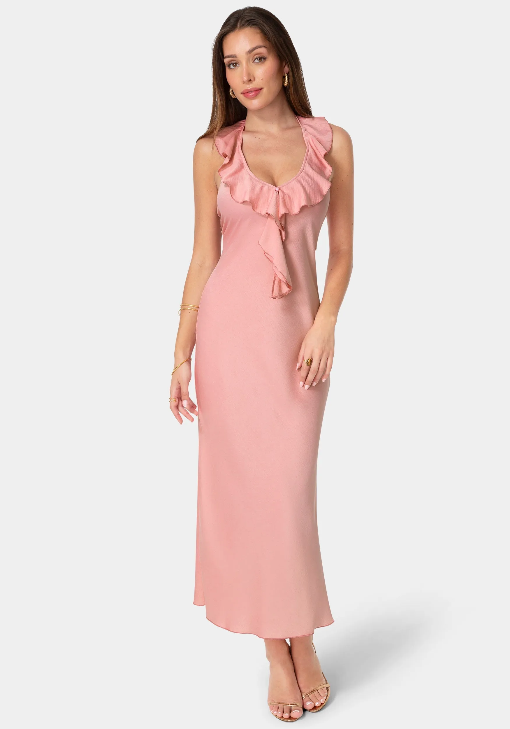 Crushed Satin Ruffle Halter Maxi Dress sold by Bebe