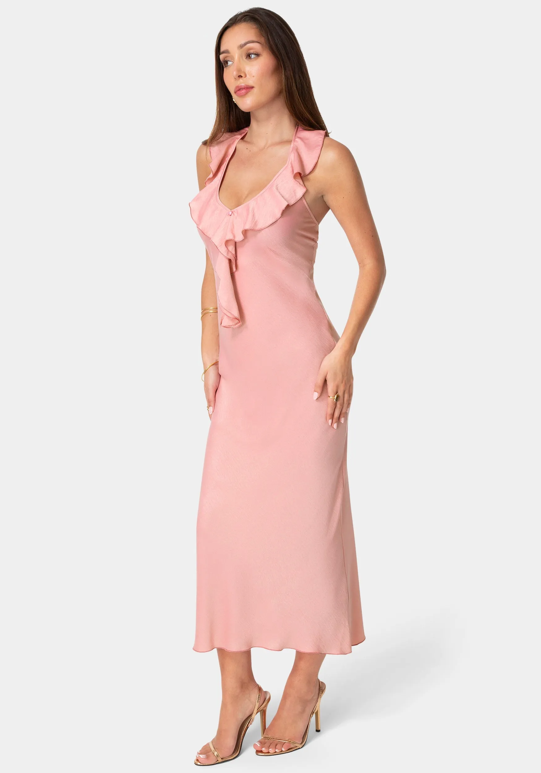 Crushed Satin Ruffle Halter Maxi Dress sold by Bebe product image thumbnail 2