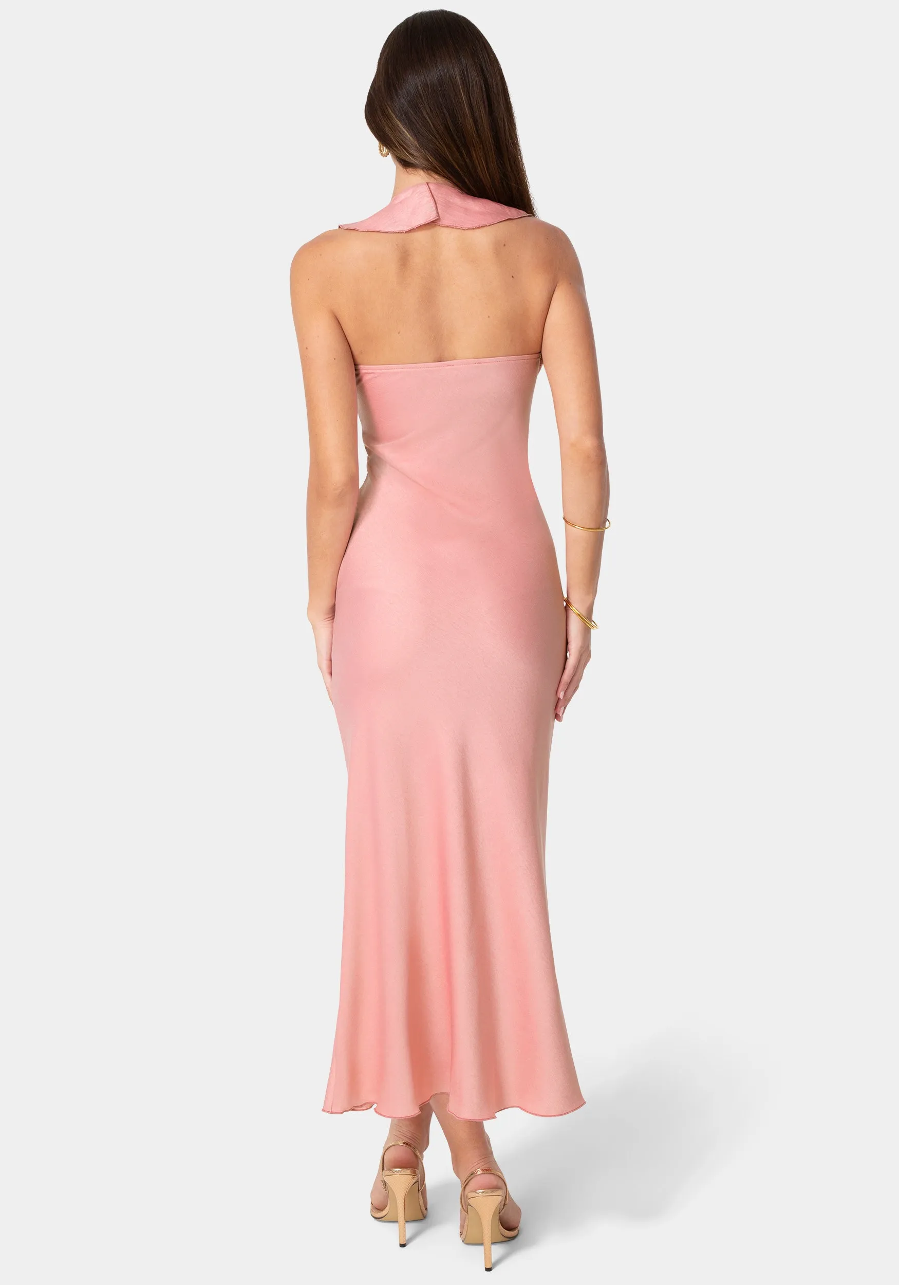 Crushed Satin Ruffle Halter Maxi Dress sold by Bebe product image thumbnail 3