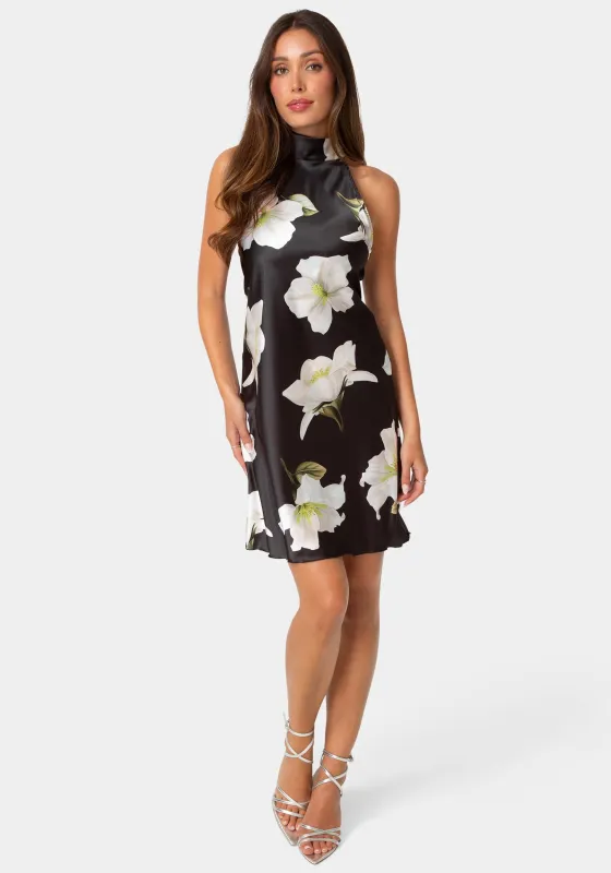 Printed Satin Mock Neck Dress with Bow Back made by Jump