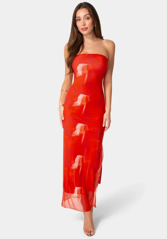 Printed Mesh Strapless Maxi Dress made by Jump