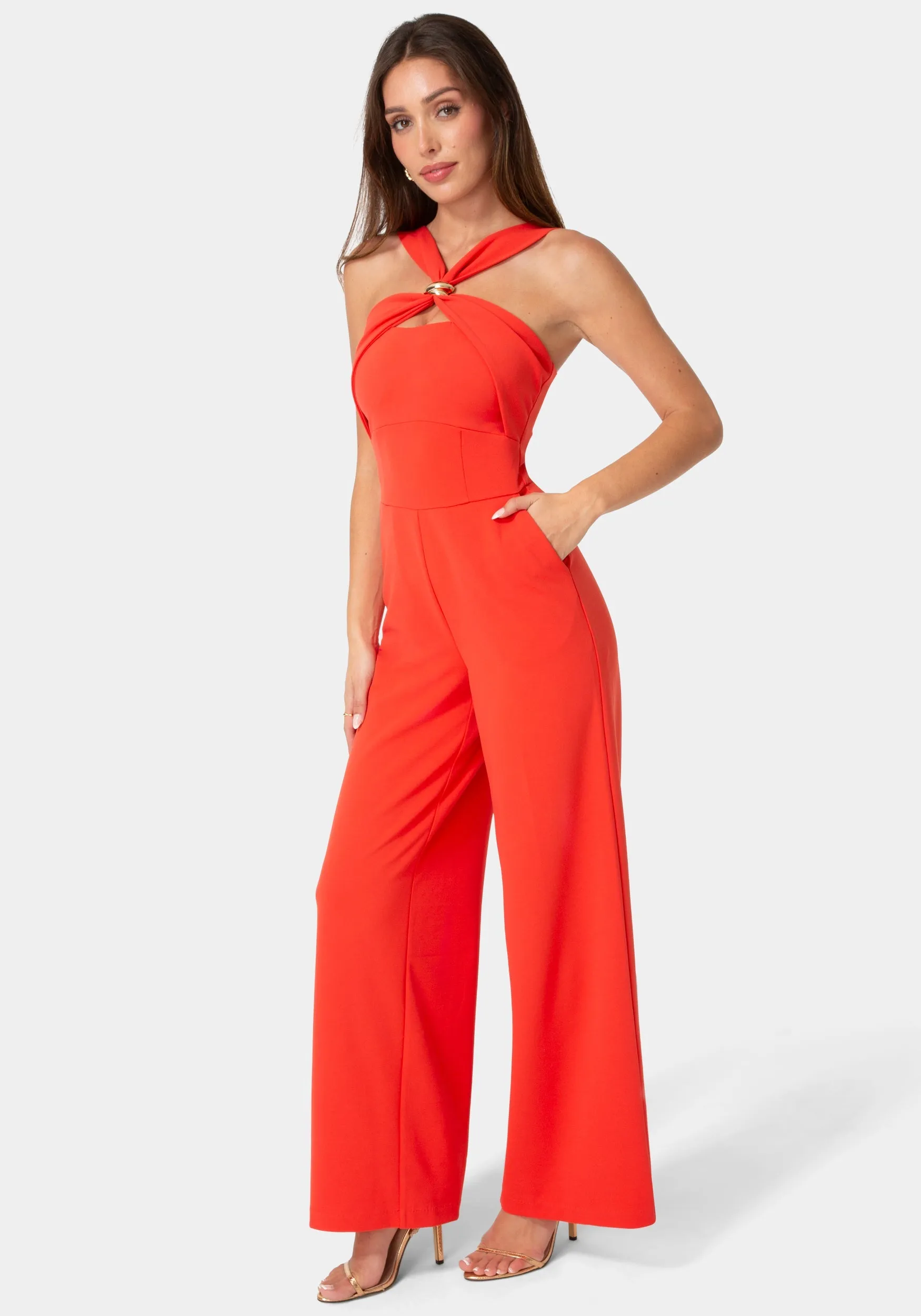 Knit Crepe Twist Wide Leg Jumpsuit sold by Bebe