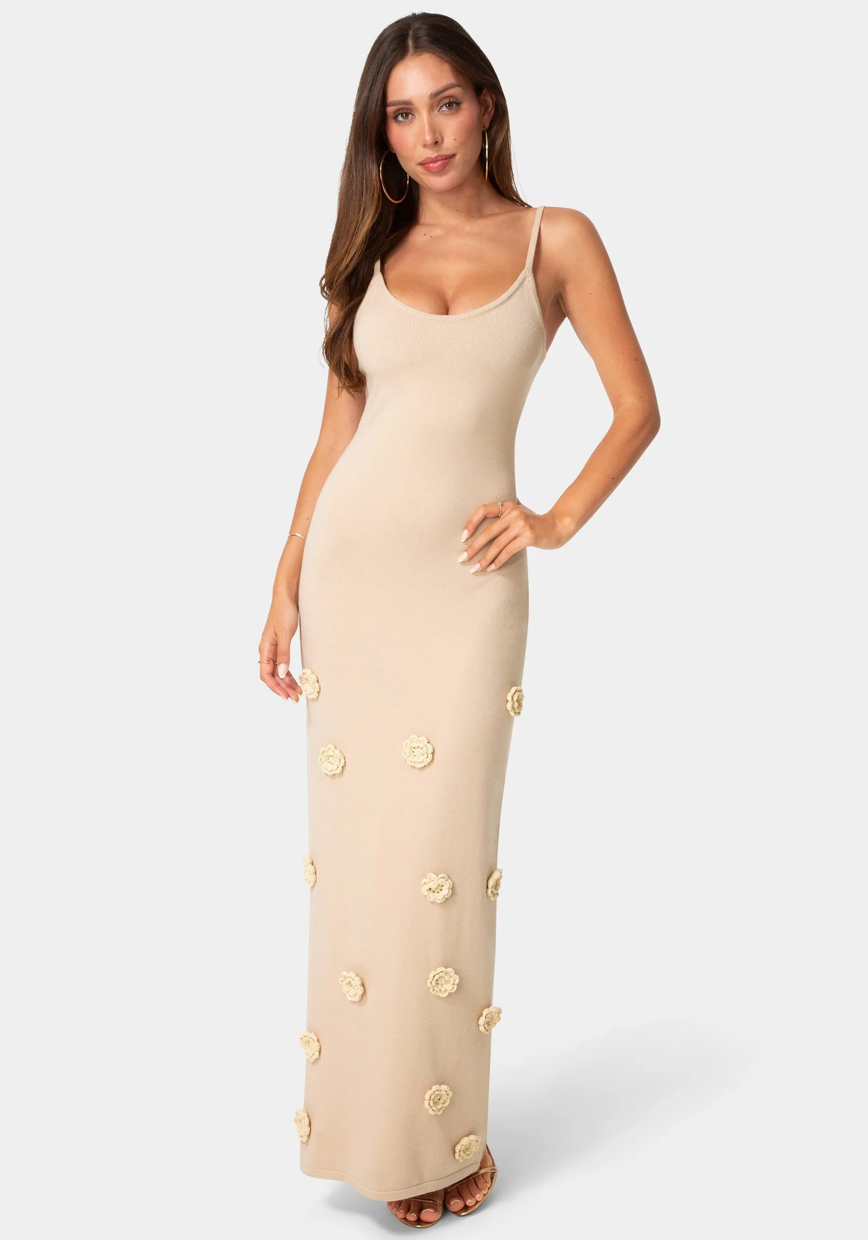 Floral Applique Crochet Maxi Dress sold by Bebe