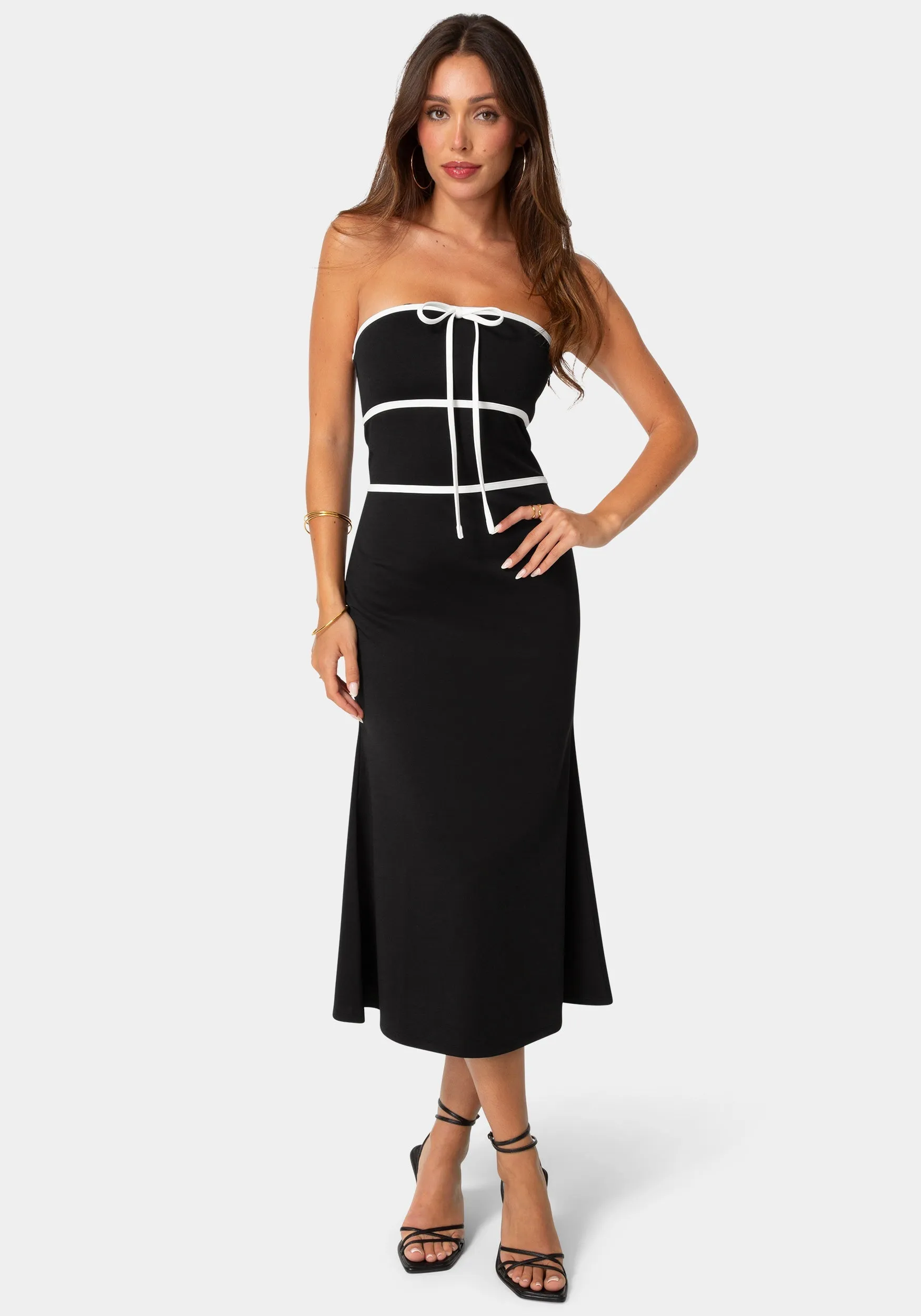 Strapless Tie Detail Midi Flutter Dress sold by Bebe