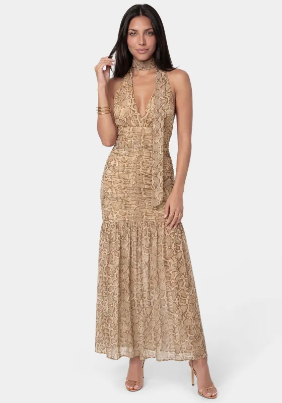 Print Mesh Halter Ruched Maxi Dress made by Jump
