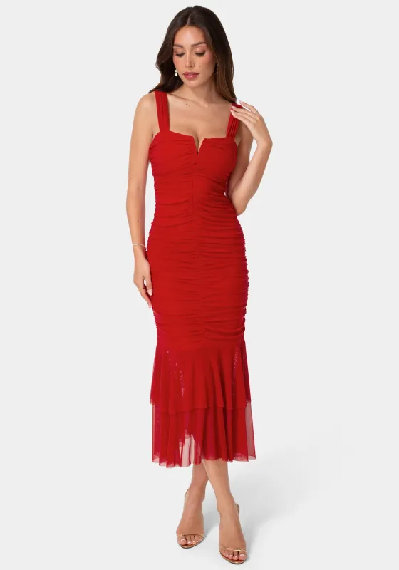 V-Neck Ruched Mesh Flounce Midi Dress made by Jump