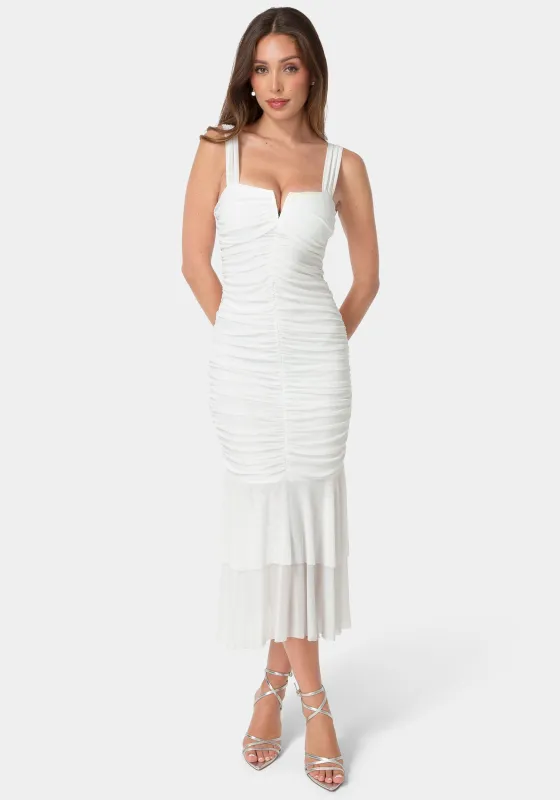 V-Neck Ruched Mesh Flounce Midi Dress made by Jump