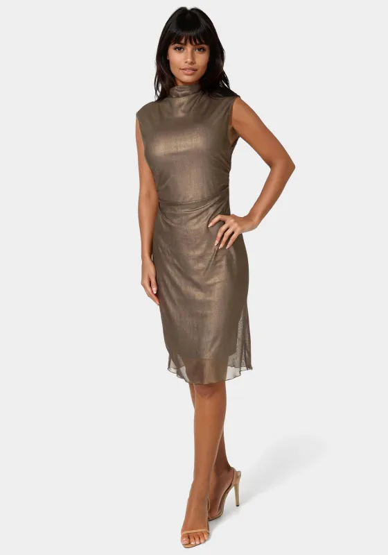 Foil Mesh Drape Neck Shirred Midi Dress made by Jump