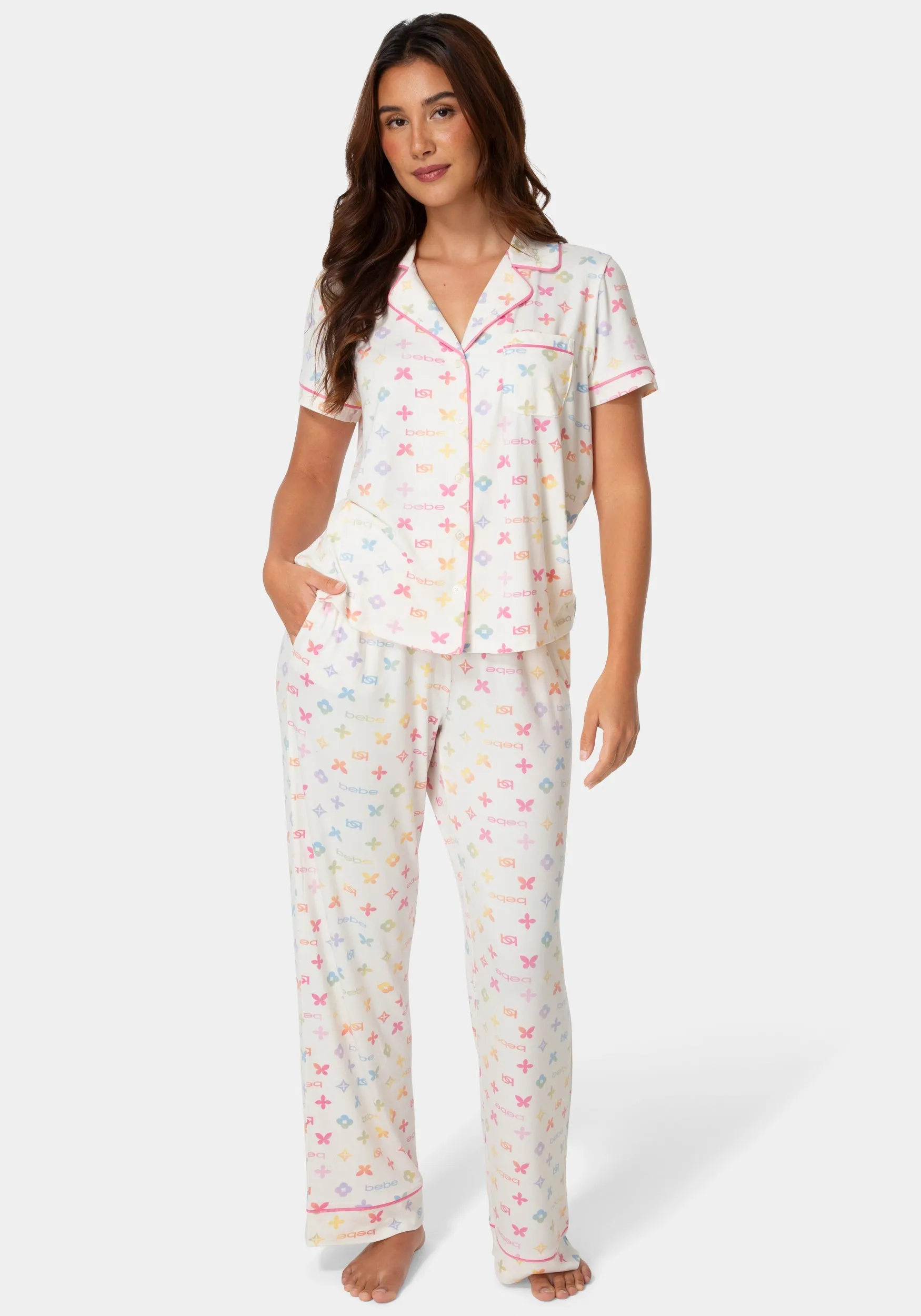 2-Piece Notch Collar Pajama Set - Ivory sold by Bebe