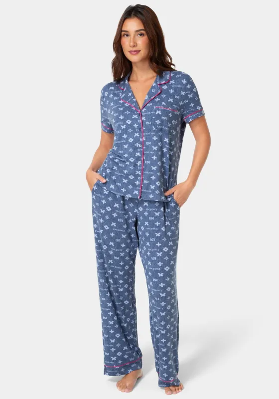 2-Piece Notch Collar Pajama Pant Set - Denim made by Bebe