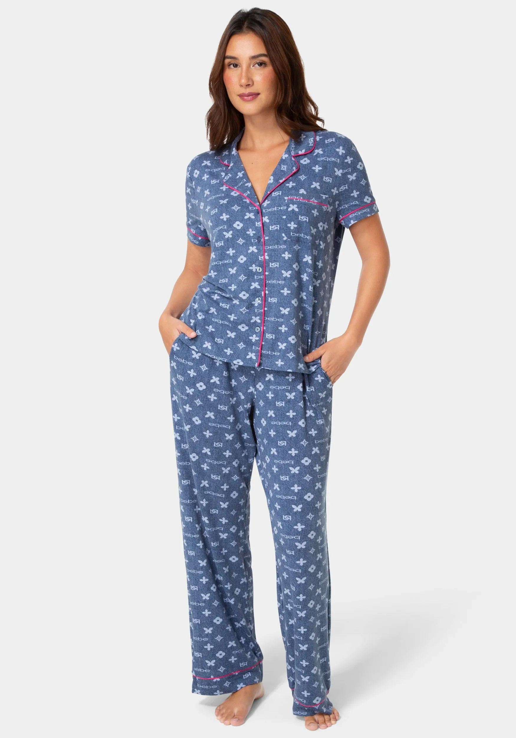 2-Piece Notch Collar Pajama Pant Set - Denim sold by Bebe