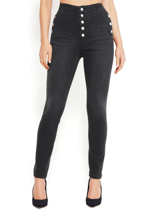Button Trim High Waist Jeans sold by Bebe