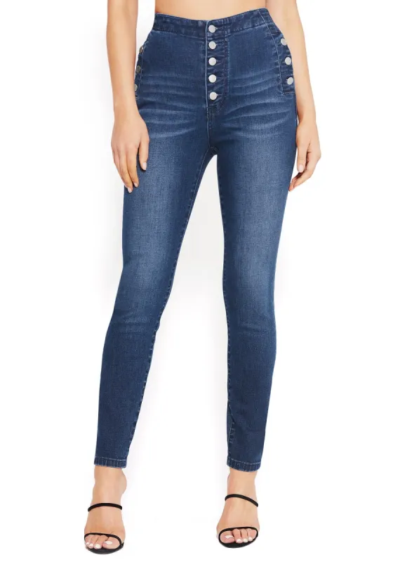 Button Trim High Waist Jeans sold by Bebe