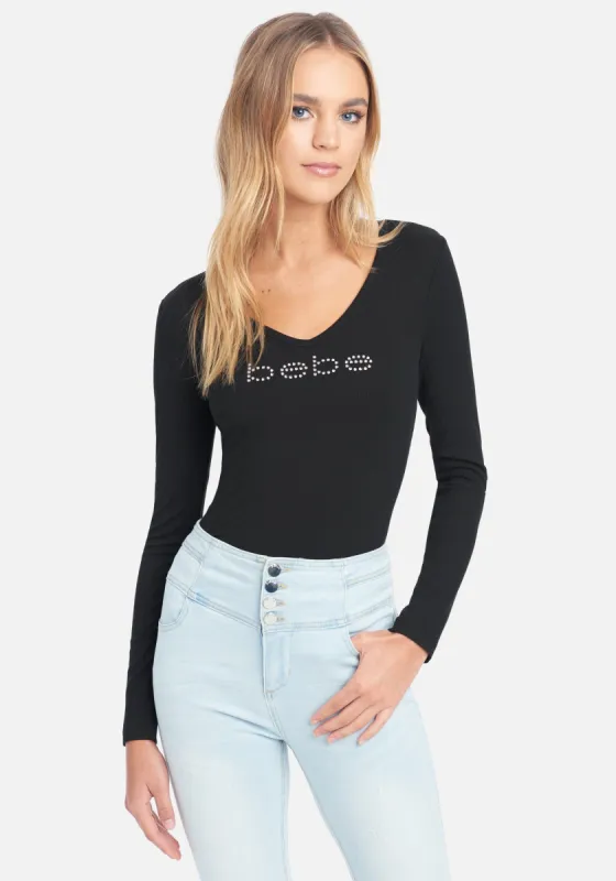 Crystal Logo V-Neck Long Sleeve Tee sold by Bebe
