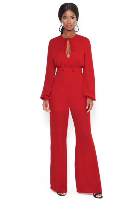 Long Sleeve Tie Front Jumpsuit sold by Bebe