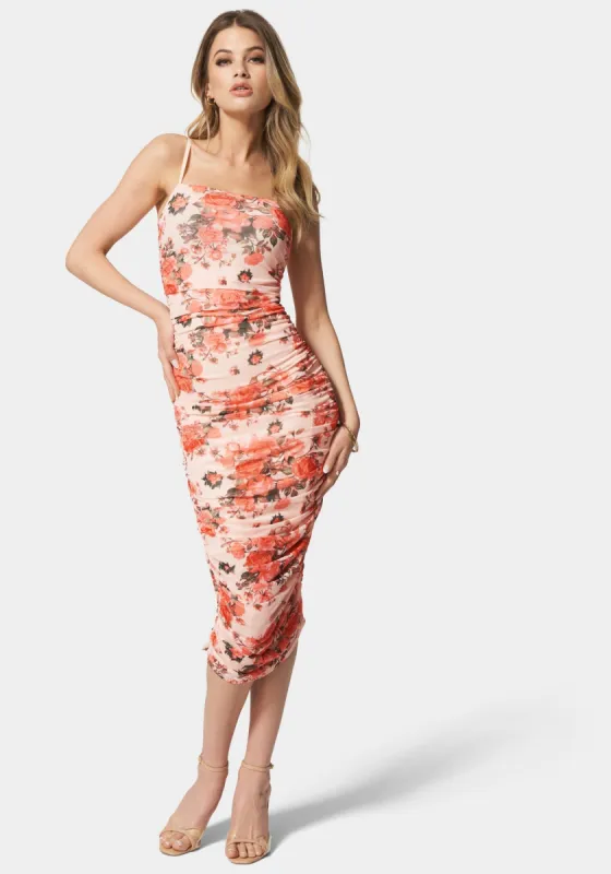 Printed Ruched Mesh Midi Dress sold by Bebe