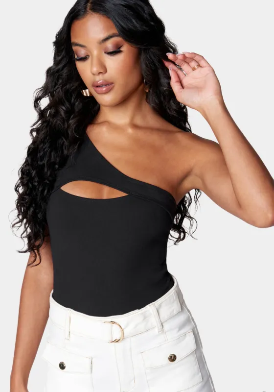 Cutout Asymmetric One Shoulder Bodysuit sold by Bebe