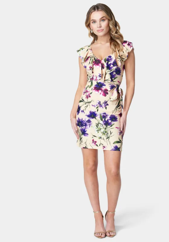 Printed Ruffle Sleeve Scuba Dress sold by Bebe