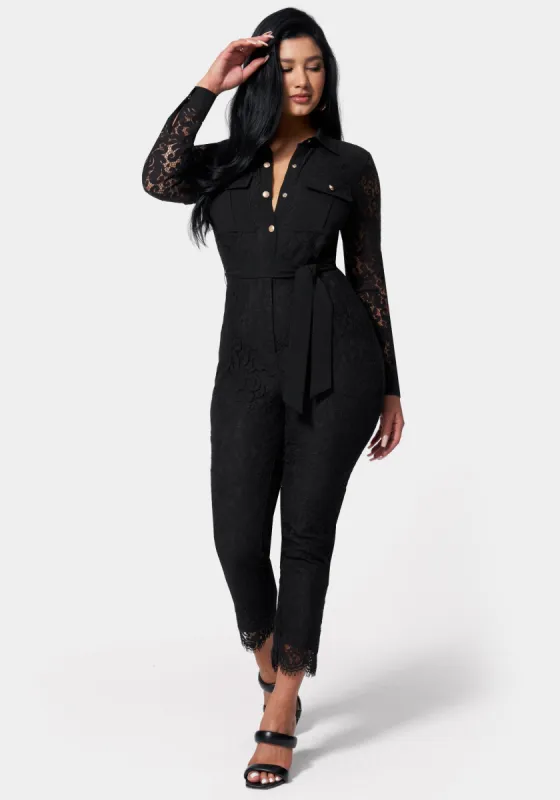 Lace Combo Belted Jumpsuit sold by Bebe