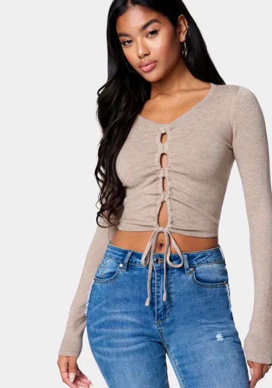 Heathered Front Tie Sweater sold by Bebe