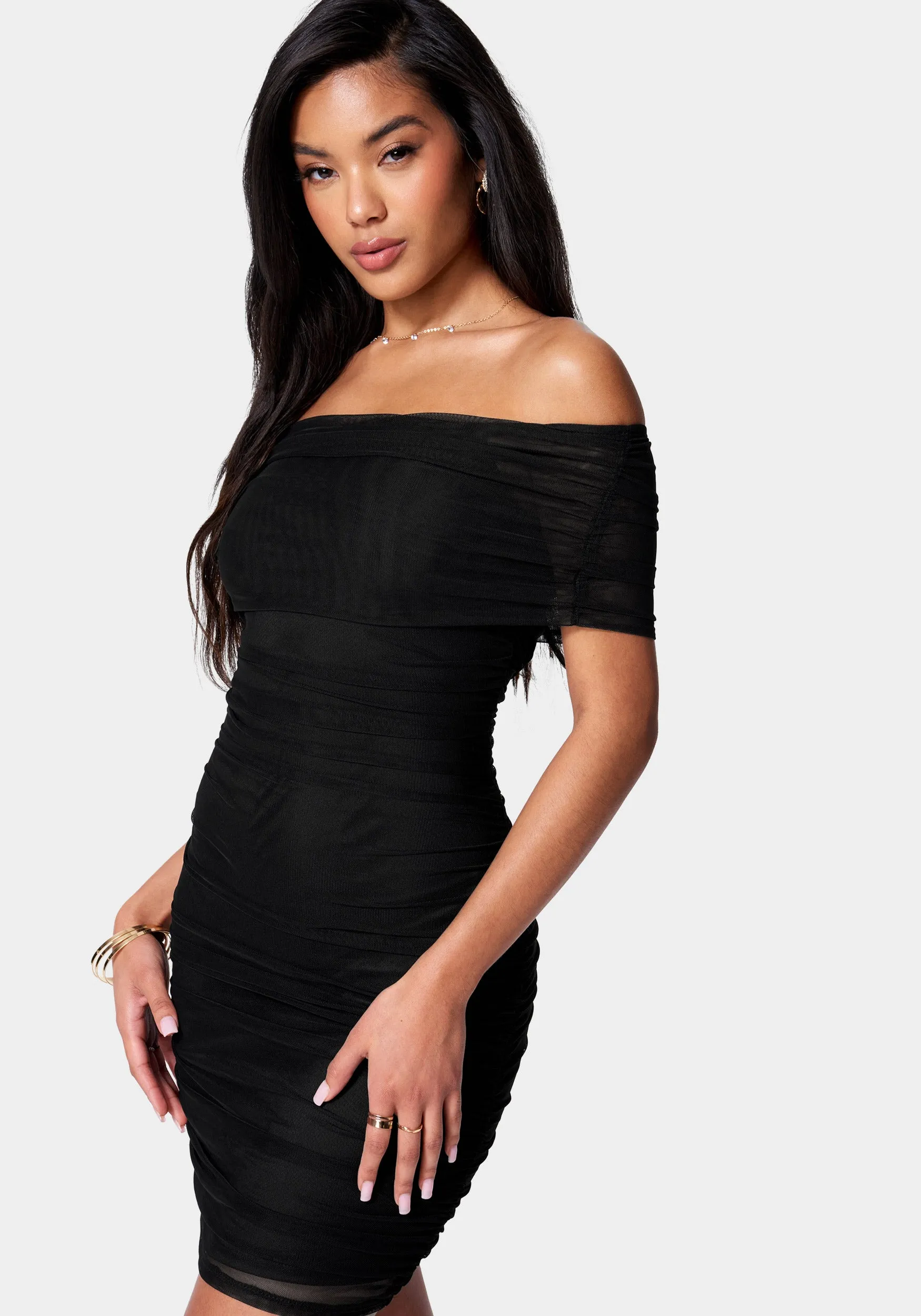 Off Shoulder Mesh Ruched Dress sold by Bebe product image thumbnail 2