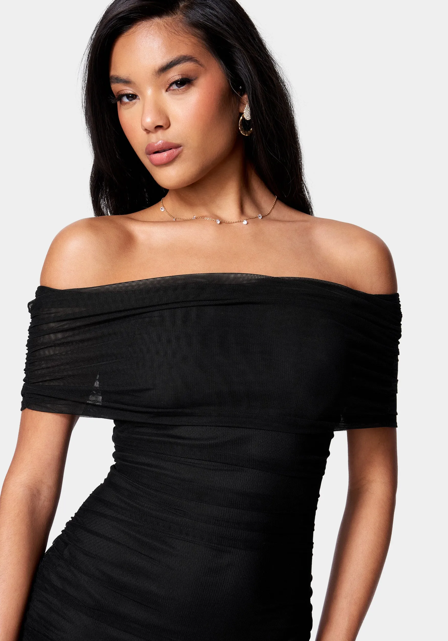 Off Shoulder Mesh Ruched Dress sold by Bebe product image thumbnail 4