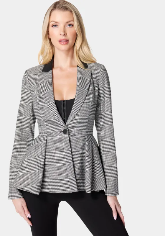 Glen Check Vegan Leather Combo Peplum Jacket sold by Bebe