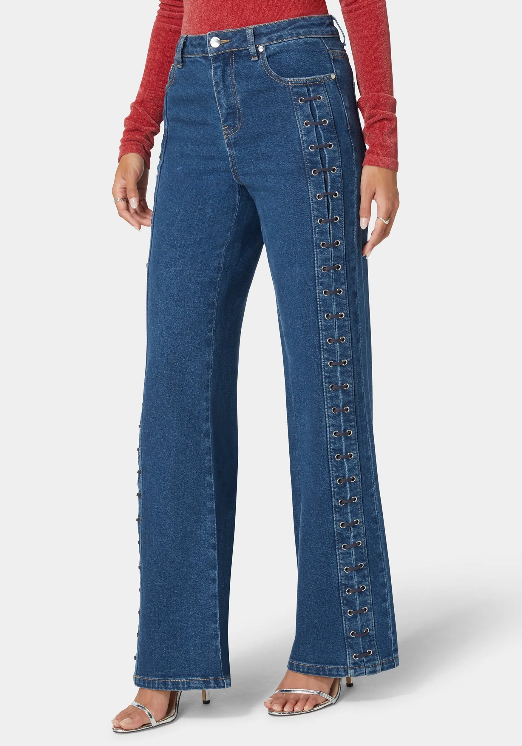 High Waist Eyelet Lace Up Wide Leg Jean sold by Bebe