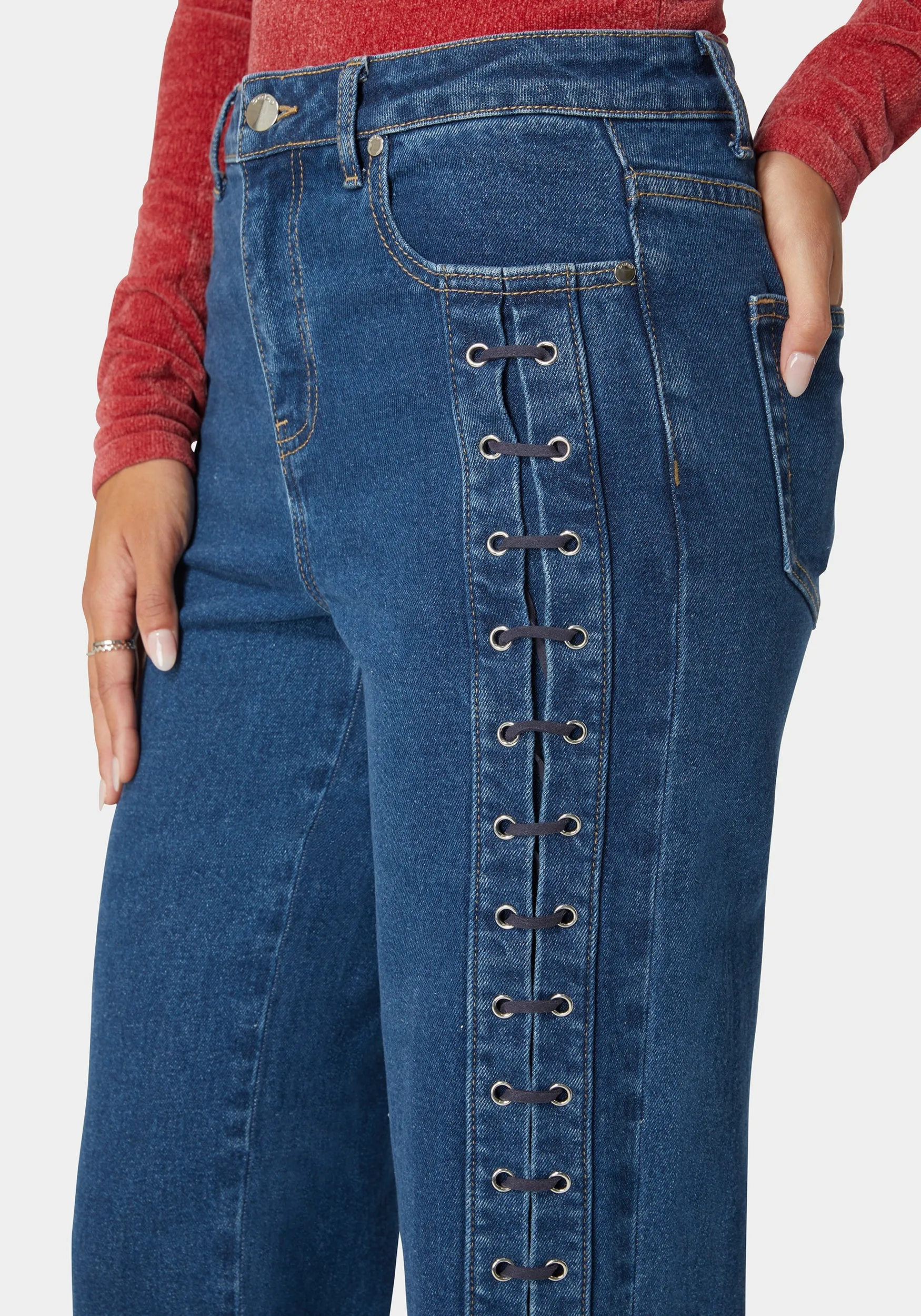 High Waist Eyelet Lace Up Wide Leg Jean sold by Bebe product image thumbnail 4