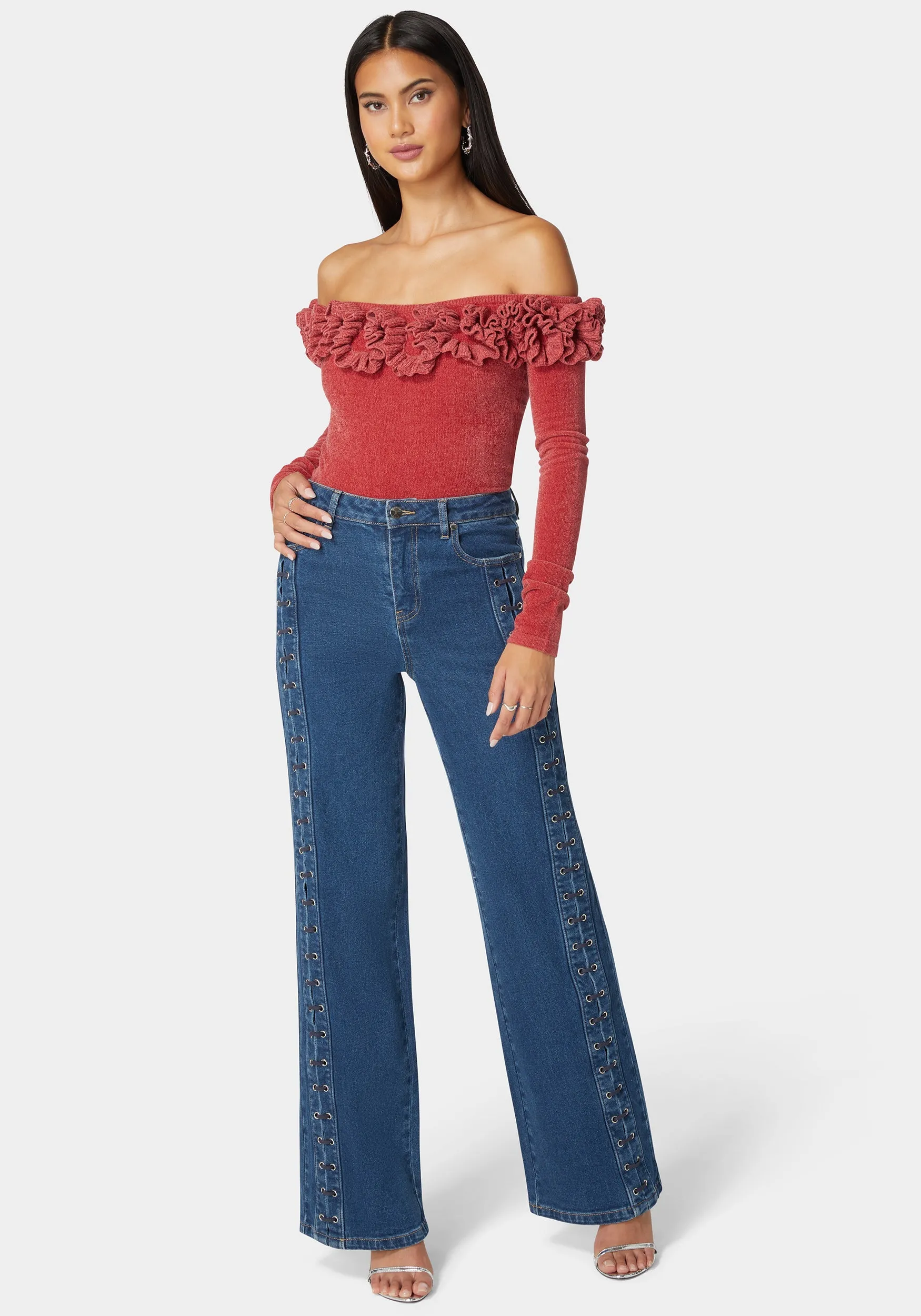 High Waist Eyelet Lace Up Wide Leg Jean sold by Bebe product image thumbnail 2