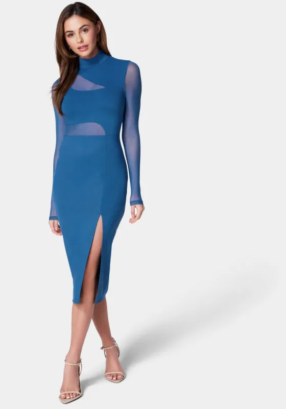 Mesh Inset Long Sleeve Midi Dress sold by Bebe