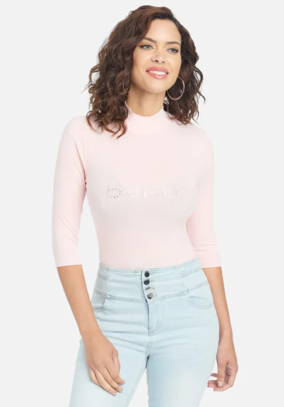 Crystal Logo Mock Neck 3/4 Sleeve Tee sold by Bebe