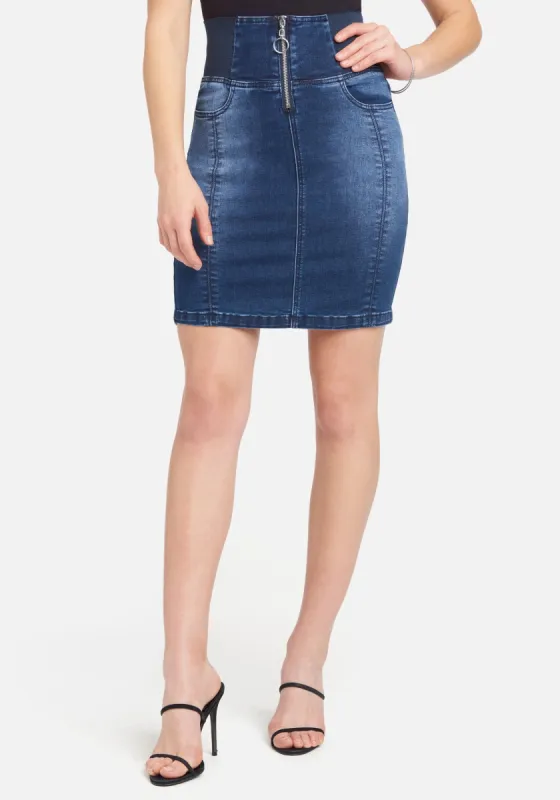 Elastic High Waist Jean Skirt sold by Bebe