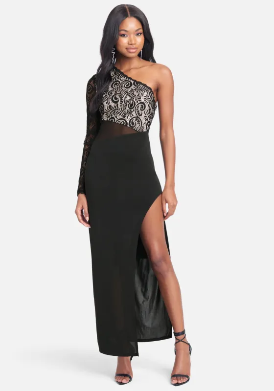 One Shoulder Mesh Inset Gown sold by Bebe