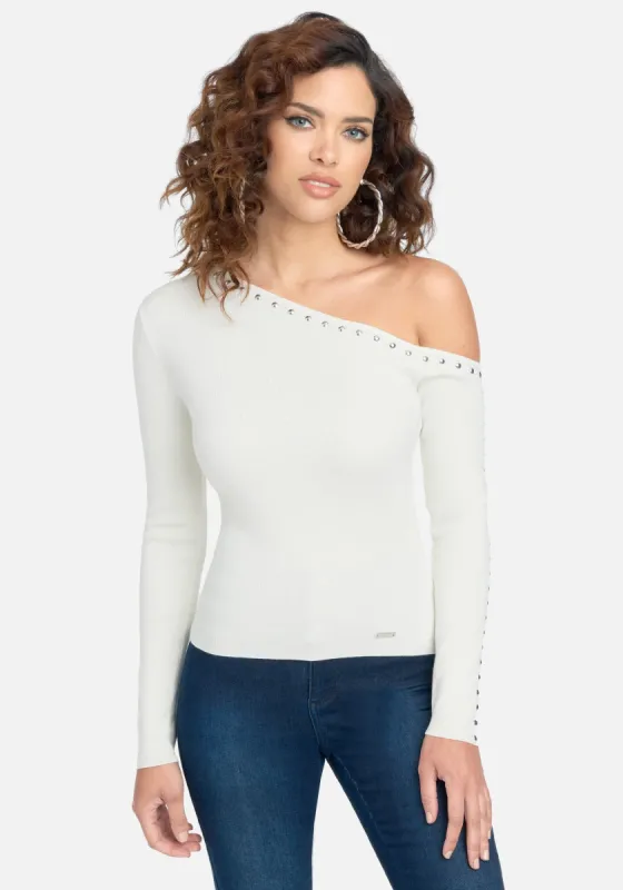 Off the Shoulder Stud Sweater Top sold by Bebe