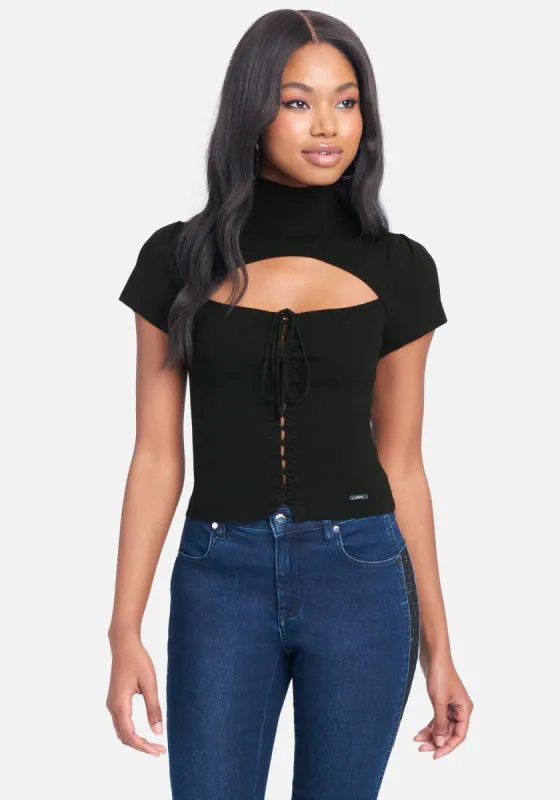 Lace Up Keyhole Sweater Knit Top sold by Bebe